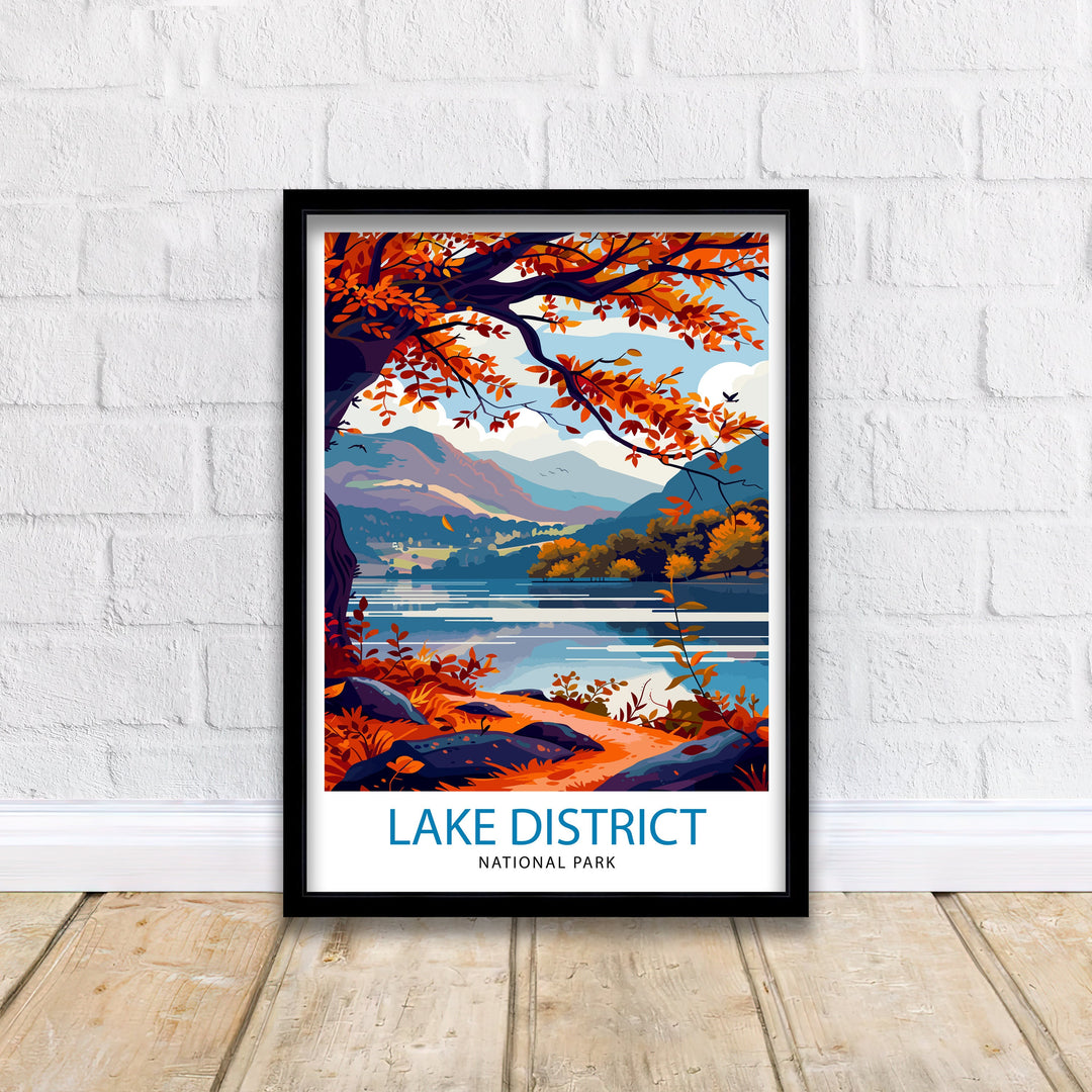 Lake District Travel Poster Cumbrian Lakes Art English Countryside Print Rolling Hills Wall Decor UK National Park Illustration Nature