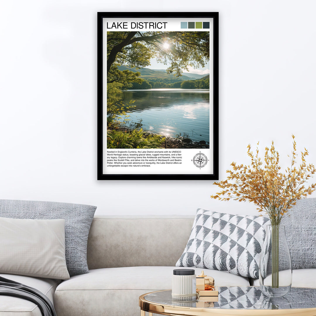 Lake District Travel Poster Cumbrian Lakes Art English Countryside Print Rolling Hills Wall Decor UK National Park Illustration Nature