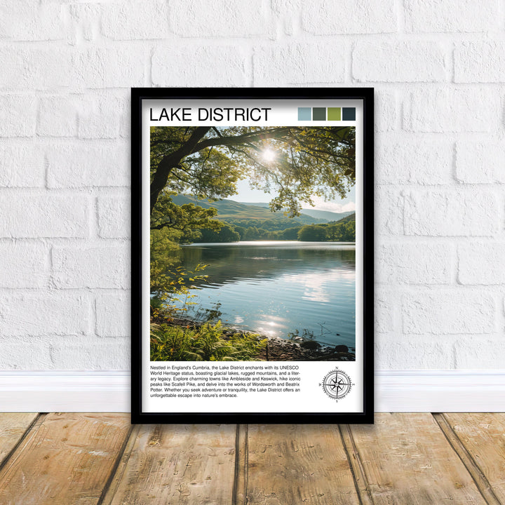 Lake District Travel Poster Cumbrian Lakes Art English Countryside Print Rolling Hills Wall Decor UK National Park Illustration Nature