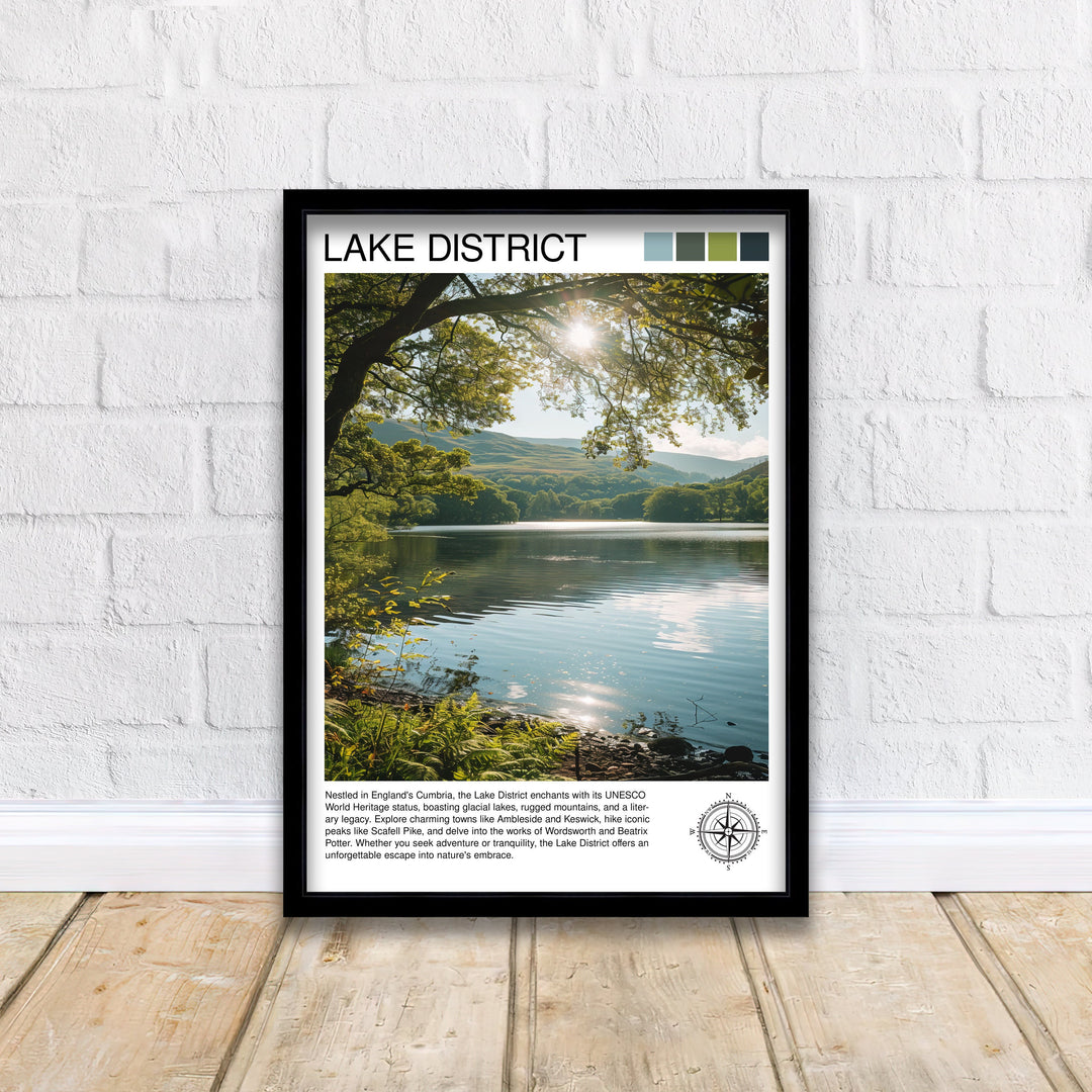 Lake District Travel Poster Cumbrian Lakes Art English Countryside Print Rolling Hills Wall Decor UK National Park Illustration Nature