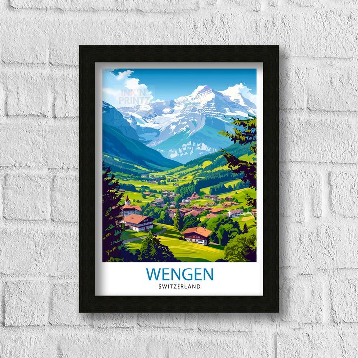 Wengen Switzerland Print Alpine Village Art Swiss Mountainscape Poster Lauterbrunnen Valley Wall Decor Swiss Alps Illustration