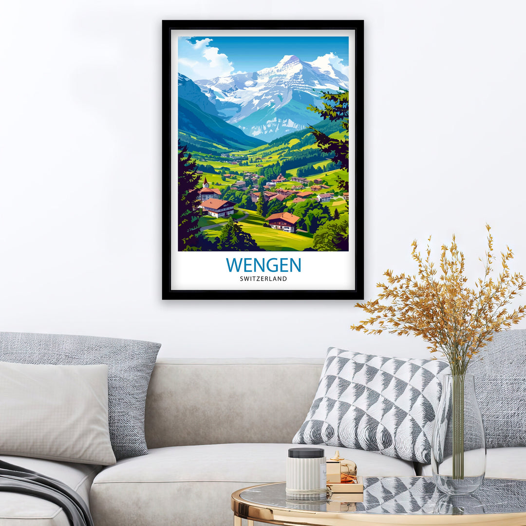 Wengen Switzerland Print Alpine Village Art Swiss Mountainscape Poster Lauterbrunnen Valley Wall Decor Swiss Alps Illustration