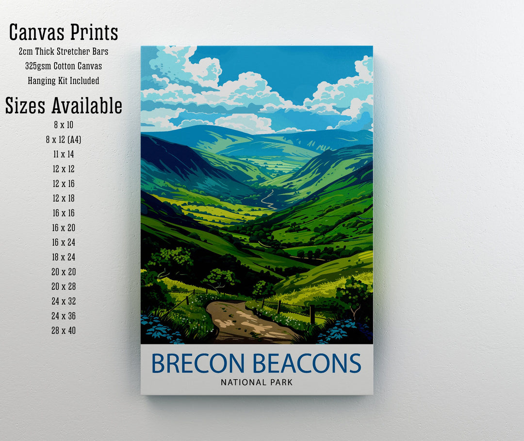 Brecon Beacons National Park Travel Poster Welsh Wilderness Art Rolling Hills Print Wales Landscape Wall Decor Hiking Trails Illustration