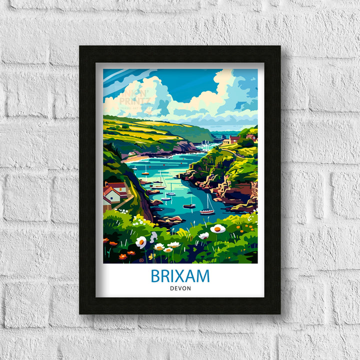 Brixham Devon Travel Poster English Seaside Town Art Devonshire Harbor Poster British Coastal Wall Decor Fishing Village Illustration