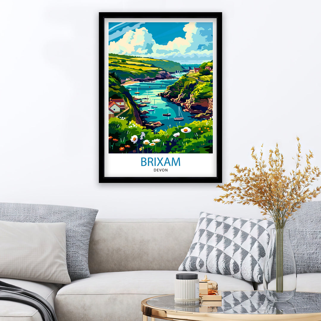 Brixham Devon Travel Poster English Seaside Town Art Devonshire Harbor Poster British Coastal Wall Decor Fishing Village Illustration