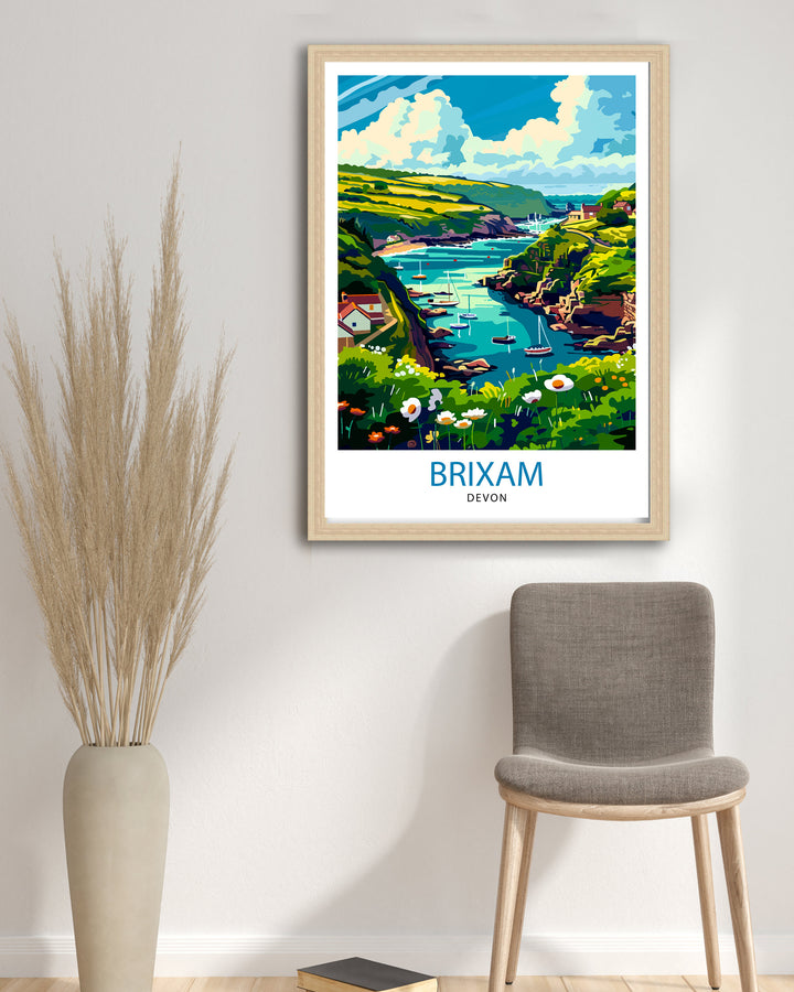 Brixham Devon Travel Poster English Seaside Town Art Devonshire Harbor Poster British Coastal Wall Decor Fishing Village Illustration