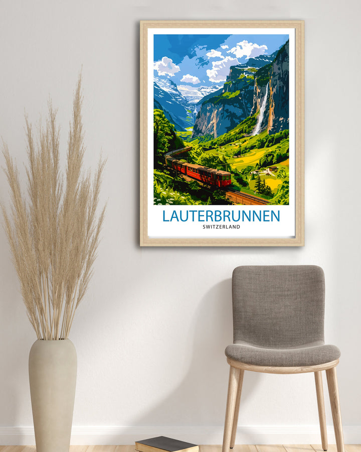 Lauterbrunnen Switzerland Print Alpine Valley Art Swiss Waterfall Poster Mountain Village Wall Decor Swiss Alps Illustration