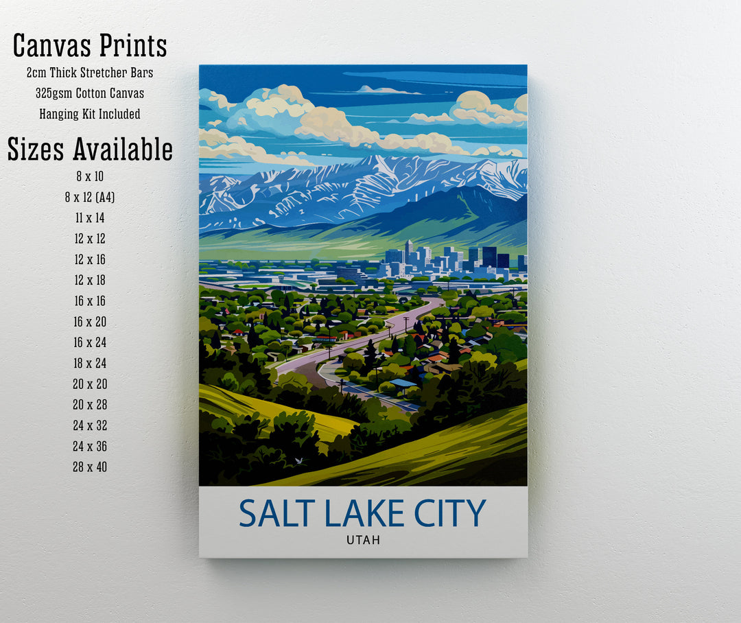 Salt Lake City Utah Print Urban Mountain Art Great Salt Lake Poster Utah Capital Wall Decor Wasatch Range Landscape Cityscape Illustration