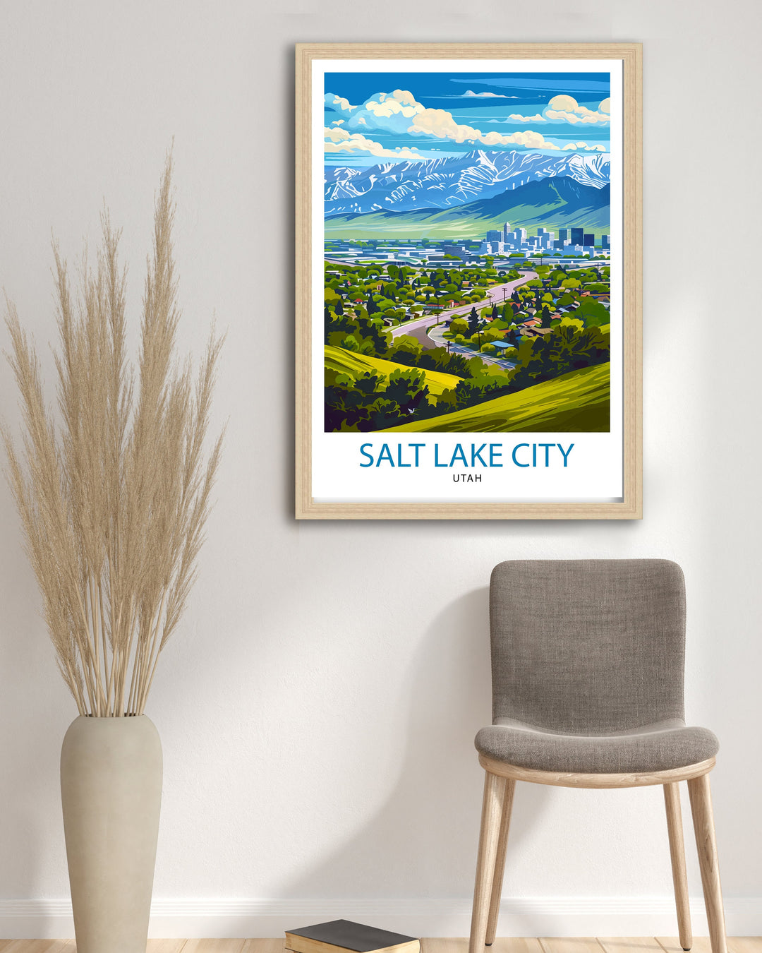 Salt Lake City Utah Print Urban Mountain Art Great Salt Lake Poster Utah Capital Wall Decor Wasatch Range Landscape Cityscape Illustration