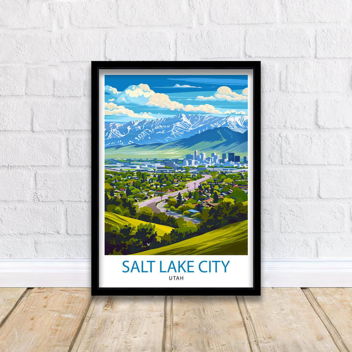 Salt Lake City Utah Print Urban Mountain Art Great Salt Lake Poster Utah Capital Wall Decor Wasatch Range Landscape Cityscape Illustration