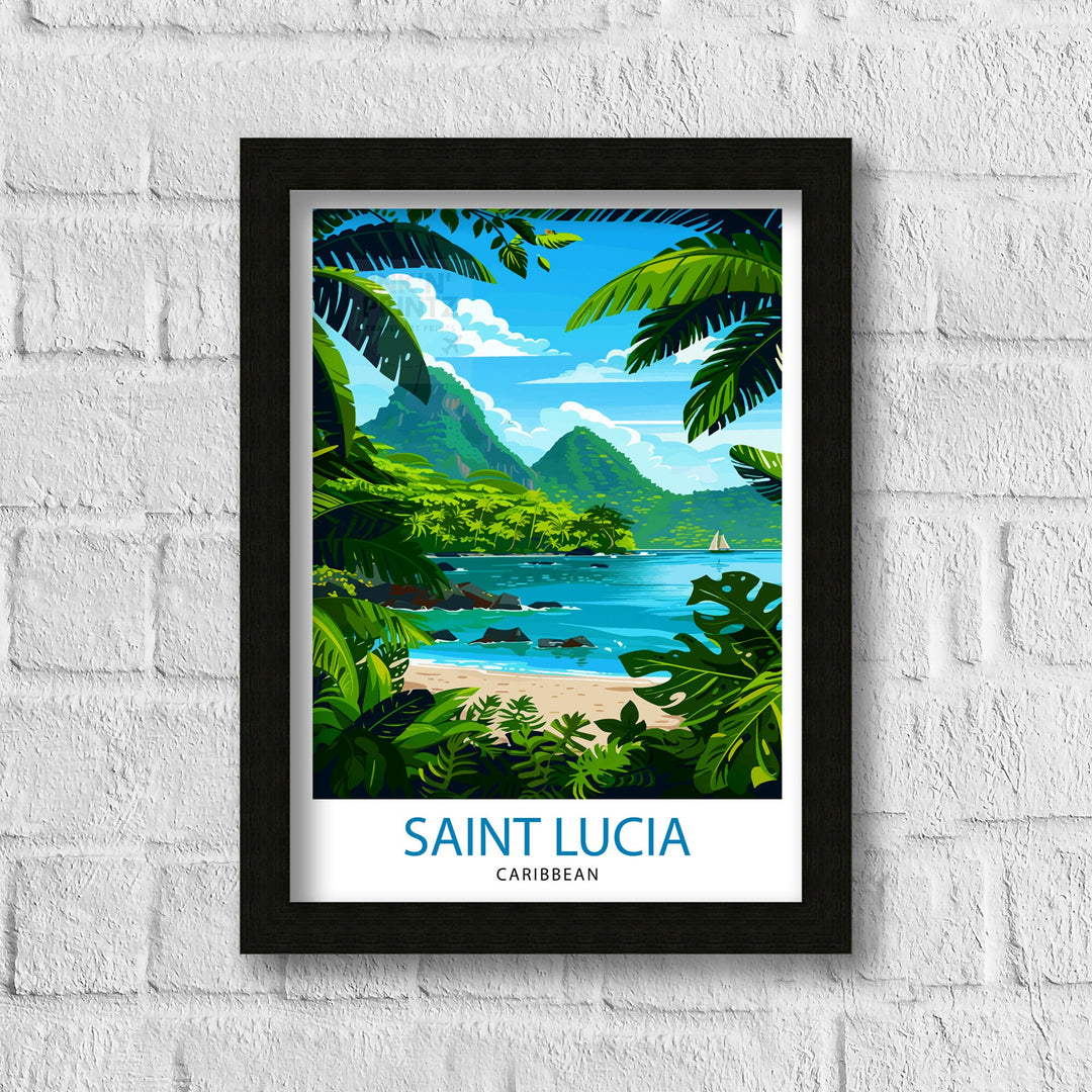 St Lucia Caribbean Travel Poster Exotic Island Paradise Art Pitons View Print Lush Rainforest Wall Decor Vibrant Beach Escape Illustration