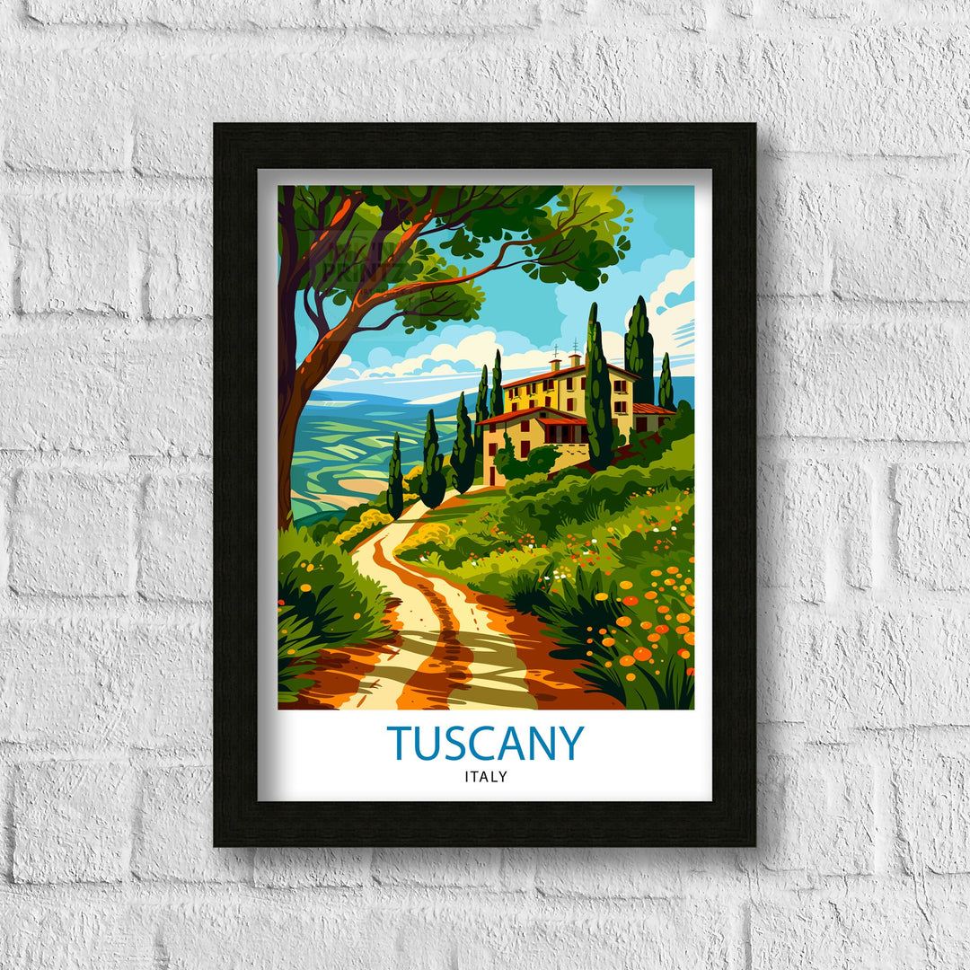 Tuscany Travel Poster Italian Countryside Art Rolling Hills and Vineyards Print Tuscan Sun Wall Decor Renaissance Cities Illustration