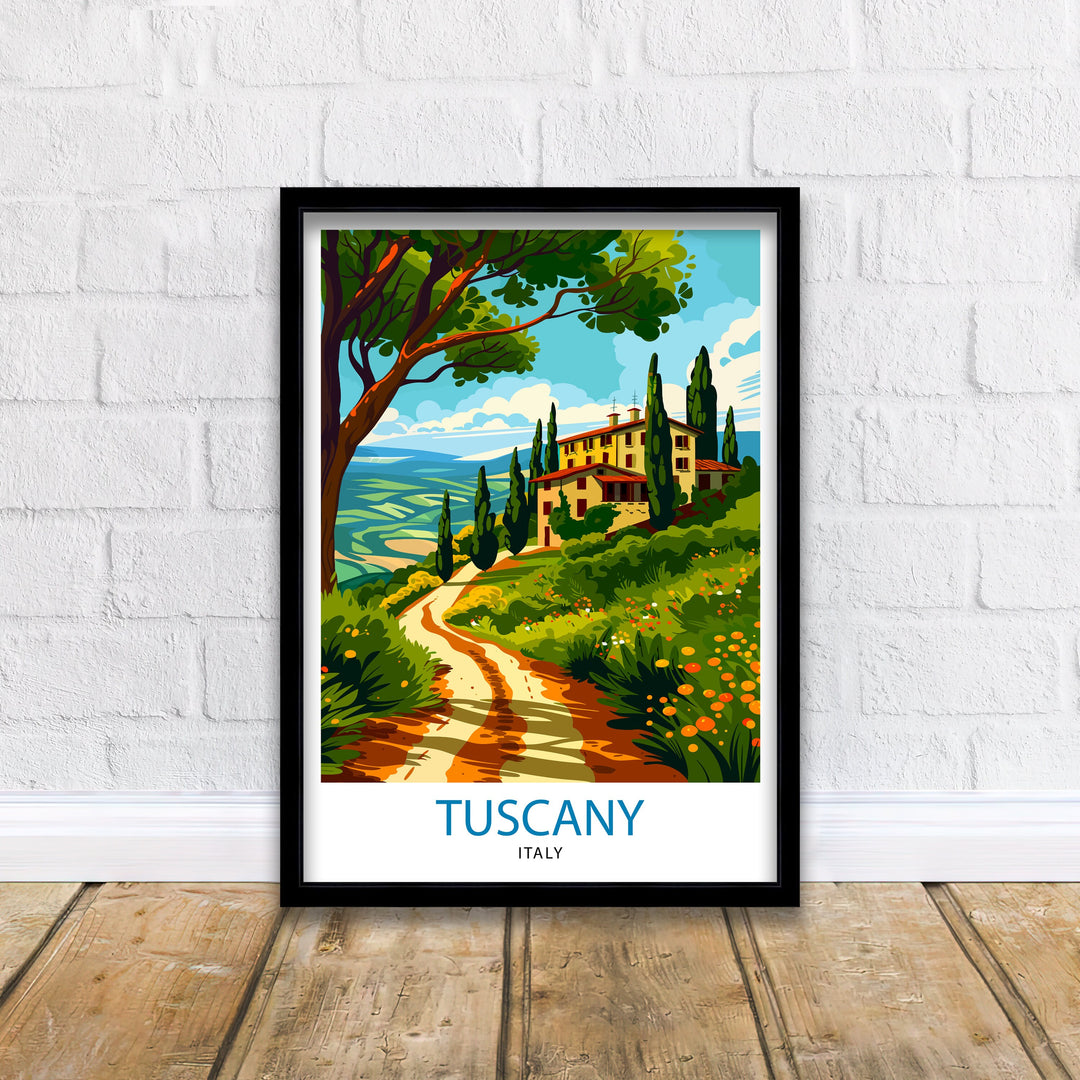 Tuscany Travel Poster Italian Countryside Art Rolling Hills and Vineyards Print Tuscan Sun Wall Decor Renaissance Cities Illustration