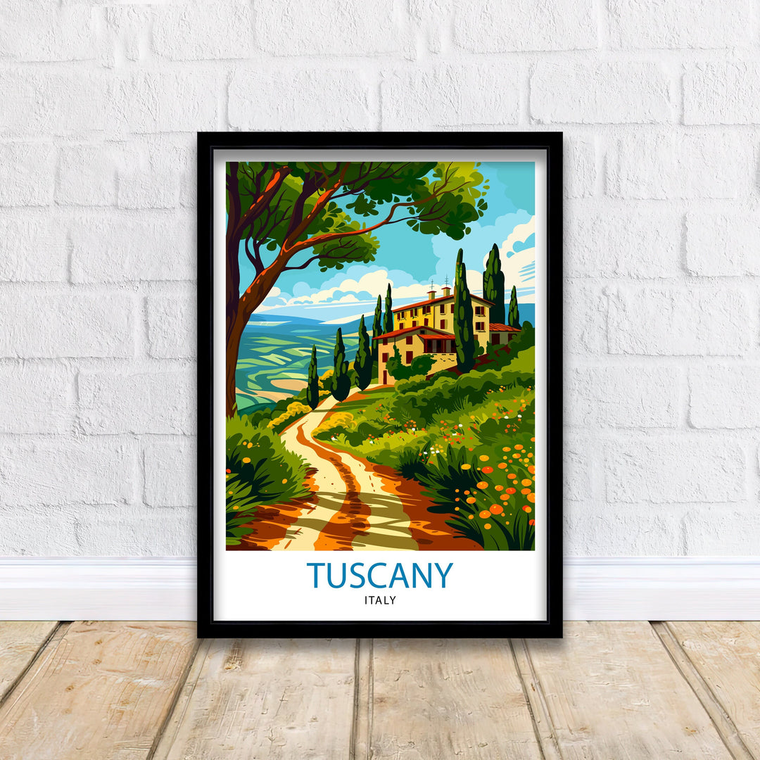 Tuscany Travel Poster Italian Countryside Art Rolling Hills and Vineyards Print Tuscan Sun Wall Decor Renaissance Cities Illustration