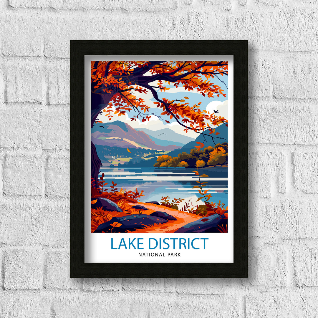 Lake District Travel Poster Cumbrian Lakes Art English Countryside Print Rolling Hills Wall Decor UK National Park Illustration Nature