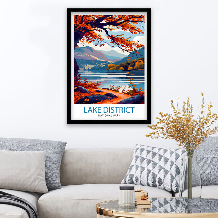 Lake District Travel Poster Cumbrian Lakes Art English Countryside Print Rolling Hills Wall Decor UK National Park Illustration Nature