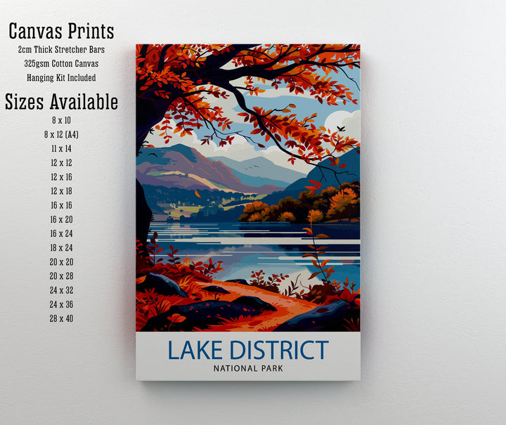 Lake District Travel Poster Cumbrian Lakes Art English Countryside Print Rolling Hills Wall Decor UK National Park Illustration Nature