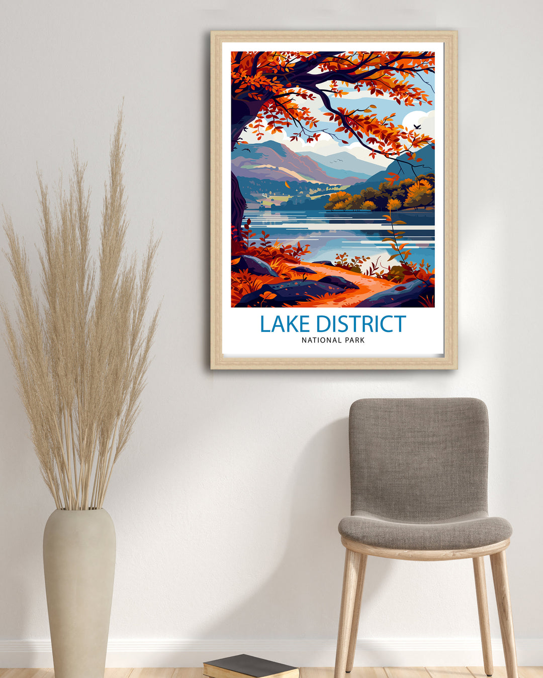 Lake District Travel Poster Cumbrian Lakes Art English Countryside Print Rolling Hills Wall Decor UK National Park Illustration Nature