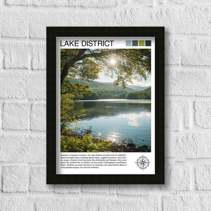 Lake District Travel Poster Cumbrian Lakes Art English Countryside Print Rolling Hills Wall Decor UK National Park Illustration Nature