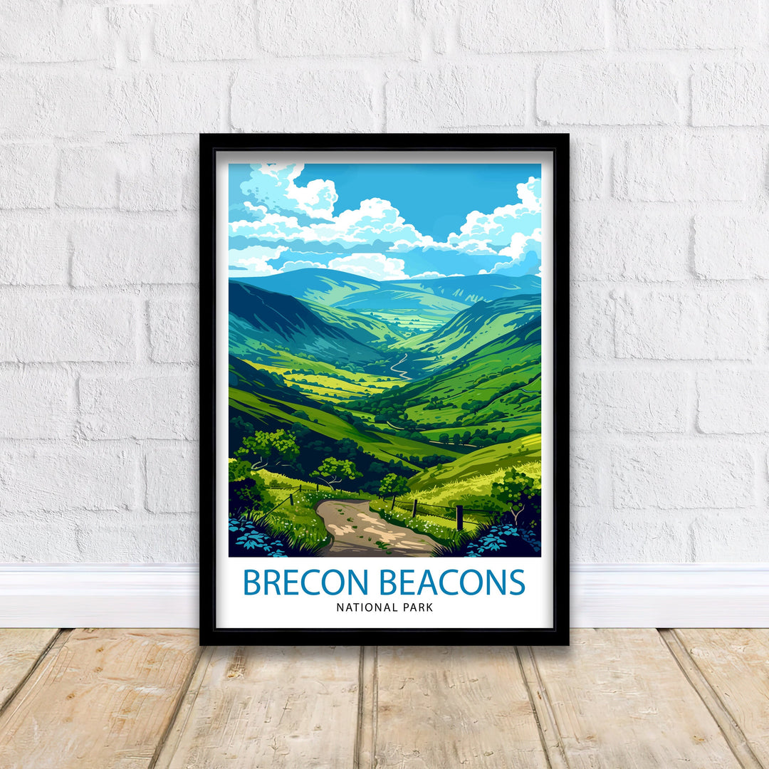 Brecon Beacons National Park Travel Poster Welsh Wilderness Art Rolling Hills Print Wales Landscape Wall Decor Hiking Trails Illustration